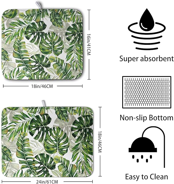Tropical Palm Leaves Dish Drying Mat for Dishes 16x18 Inch Spring Green Monstera Leaf Drying Mat Watercolor Herbs Dish Drainer Mat Super Absorbent Dish Rack Pad for Coffee Bar Sinks