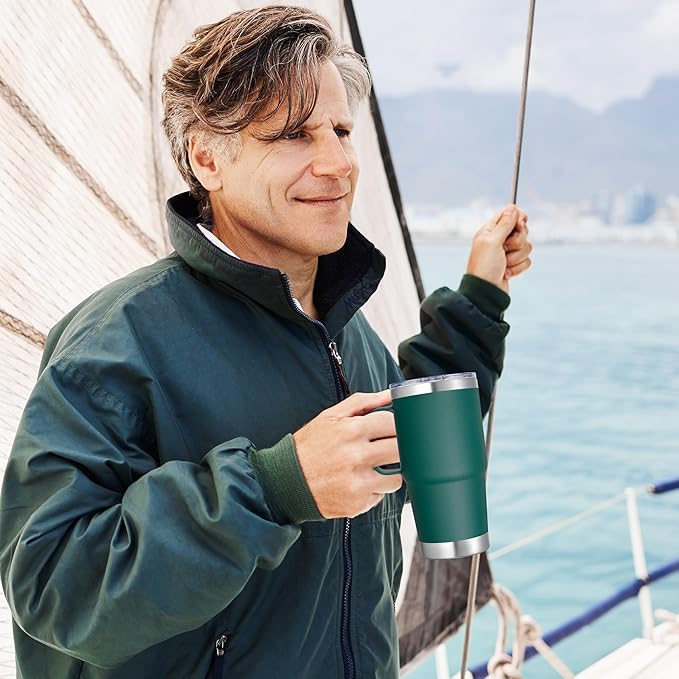 20 oz Stainless Steel Tumbler with Handle Bulk Metal Insulated Tumblers Travel Coffee Mug with Handle Double Wall Tumbler Cup with Lid and Straw, New Dark Green 12 Pack