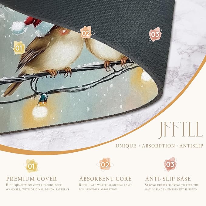 Winter Christmas Bird Dish Drying Mat, Bird Lover Gifts, Rustic Winter Xmas Sparrow Birds Absorbent Dish Drainer Reusable Washable Drying Mat Pad for Kitchen Counter, 12×15 Inch