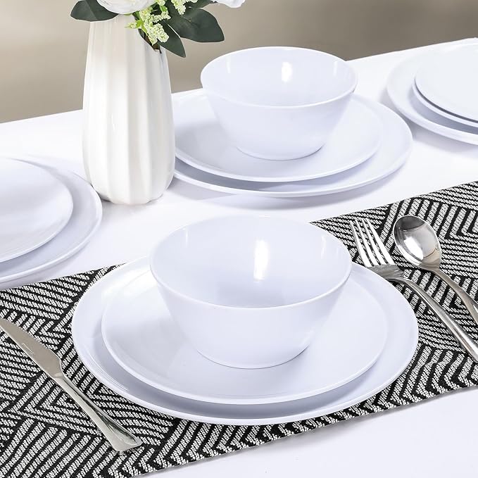 Melamine Dinnerware Sets,18-piece Melamine Plates and Bowls Set, Unbreakable Dishes Set for 6, Dishwasher Safe,Indoor and Outdoor Use,Lightweight,White