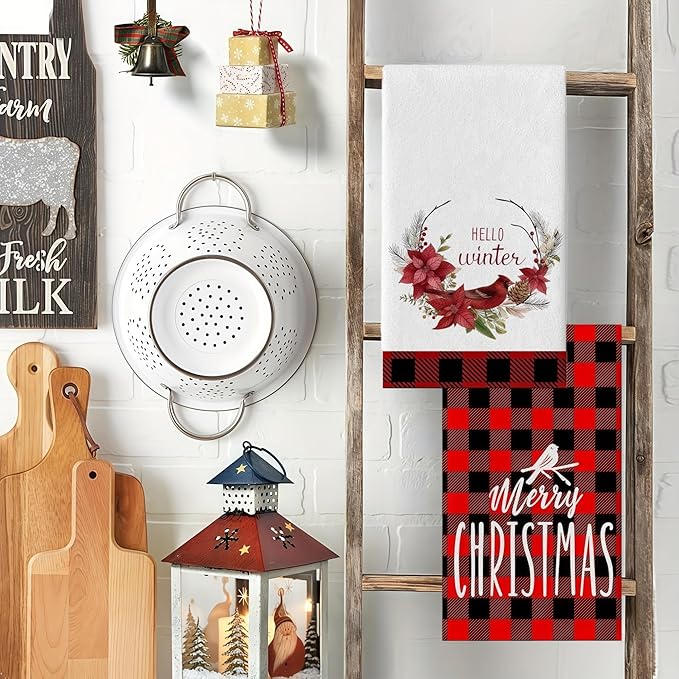 Christmas Kitchen Towels 2-Pack 18x26 Inch - Festive Red Black Plaid Dish Cloths, Absorbent Xmas Tea Towels for Holiday Decor & Gifts