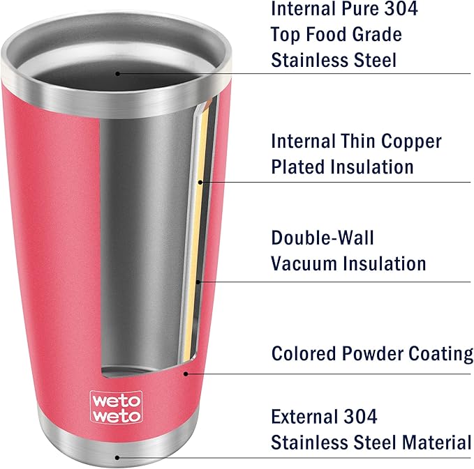WETOWETO 20oz Tumbler with 2 lids and 2 straws, Stainless Steel Vacuum Insulated Water Coffee Tumbler Cup with Handle, Double Wall Powder Coated Travel Mug Thermal Cup (Watermelon Red, 1 Pack)