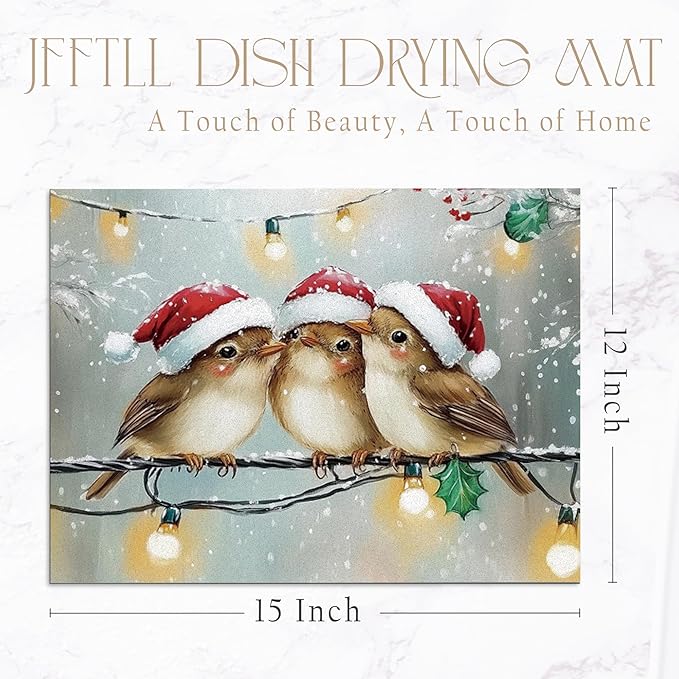 Winter Christmas Bird Dish Drying Mat, Bird Lover Gifts, Rustic Winter Xmas Sparrow Birds Absorbent Dish Drainer Reusable Washable Drying Mat Pad for Kitchen Counter, 12×15 Inch