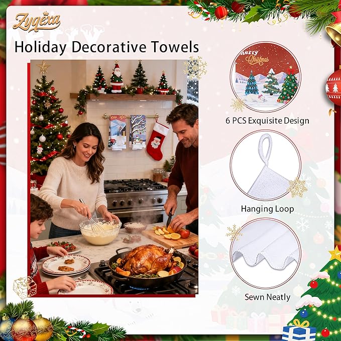 Christmas Kitchen Towels Xmas Hand Towel Decorative - Tea Towel Winter Snowy Decor Towel Absorbent Sets with Hanging Loop for Dish Holiday Garden Farmhouse Bathroom, 6 Pcs