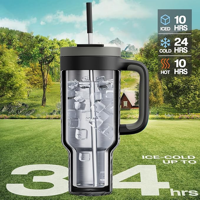 40 oz Camo Tumbler with Handle, 2-in-1 Straw and Sip Lid, Leakproof, Dishwasher Safe, Insulated Stainless Steel Travel Coffee Mug, Keeps Cold for 34 Hours, Fits in Car Cup Holder (Shadow Camo)