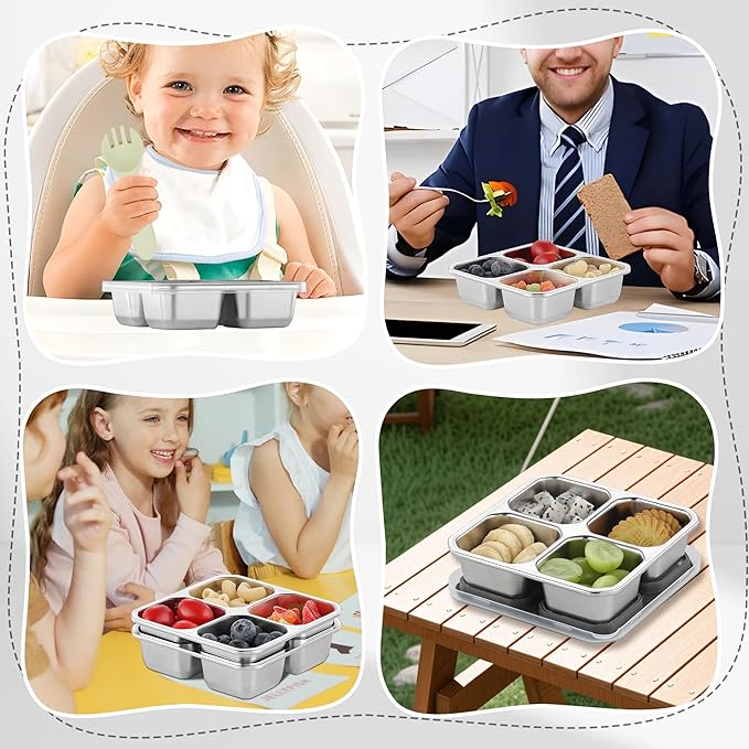 BEFOY 2 Pack Stainless Steel Snack Containers with Lids 4 Compartment Food Storage Containers for Adults & Kids Meal Prep Containers Reusable