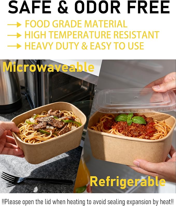 50Pack Disposable Paper Meal Prep Containers with Lids and Forks, 35OZ Kraft Paper To Go Food Containers for Salad Soup Hot/Cold Food, Take Out Serving Bowl for Household & Restaurant & Party & Picnic