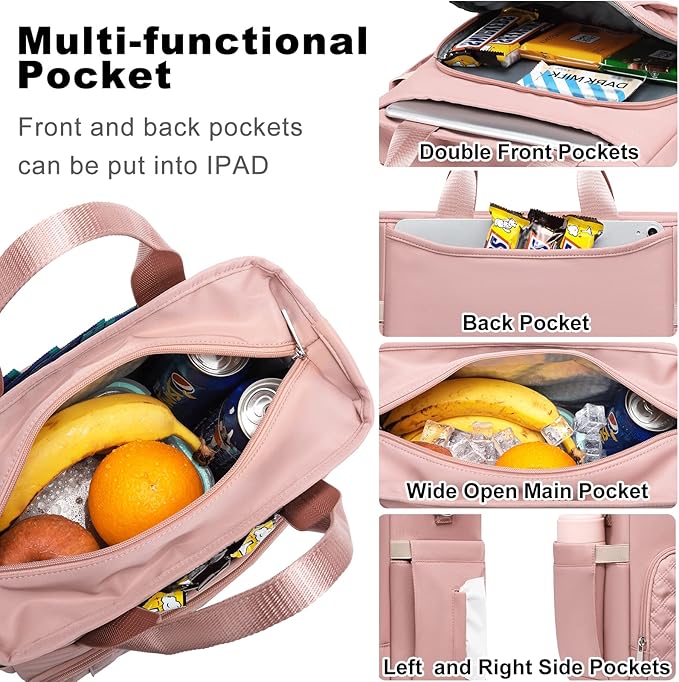 AIJIEKE Insulated Lunch Bag for Women, Lunch Box, Lunch Tote for Work, Large Leak Proof Cooler Bag with Removable Strap, Reusable Adult Lunchbag, Picnic, Office, Beach, Pink