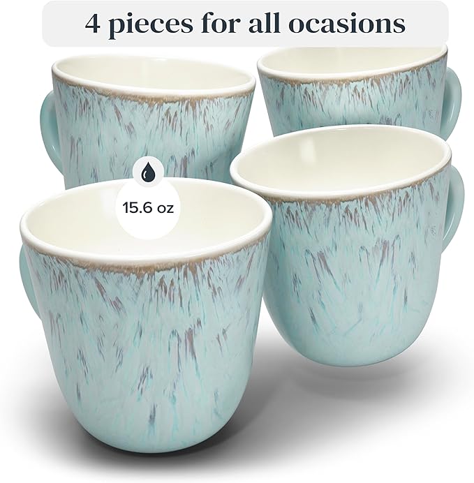 Stoneware Coffee Mug Set of 4, Stylish Modern Beige-Blue Cups, 14.5 Oz Ceramic, Dishwasher and Microwave Safe, Solid Mediteran Set