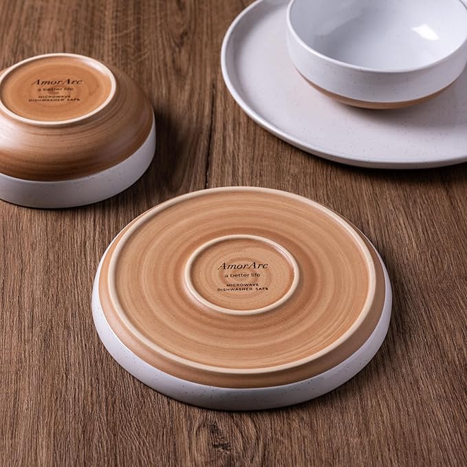 AmorArc Ceramic Dinnerware Sets with Pasta Bowls for 8, Handpainted Plates and Bowls Set with Rustic Terracotta Underside, Scratch Resistant Dishes Set, Dishwasher & Microwave Safe, 32 Pcs