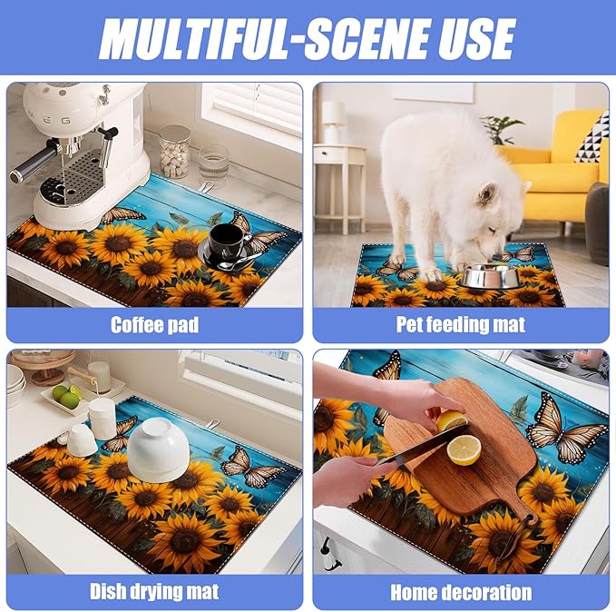 Sunflower Butterfly On Wooden Board Dish Drying Mat for Kitchen Counter Drying Pad Absorbent Reversible Dish Drainer Rack Mats Draining Pad 18"x24"Inch