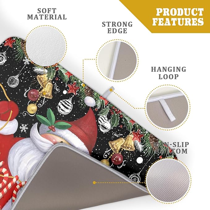 Absorbent Dish Drying Mat Santa Claus Christmas Dish Mat for Kitchen Countertops , 18 x 24 inch, Multicolor Winter Xmas Microfiber Dishes Drainer Pad Plate Holder