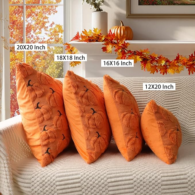 4TH Emotion Fall Pumpkins Decorative Lumbar Pillow Covers 12x20 Set of 2, Orange Soft Plush Faux Fur Wool Farmhouse Throw Cushion Cases for Autumn Thanksgiving Holiday Home Decorations