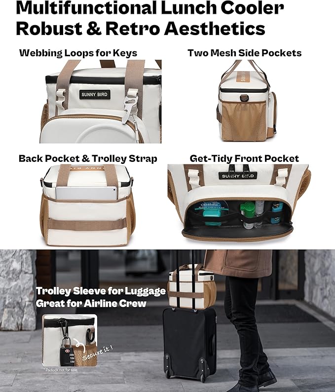 SUNNY BIRD 12L Large Insulated Lunch Bag, Leakproof and Foldable Lunch Cooler Box for Women Adult and Men, Fits 18 Cans (Ivory White 01)