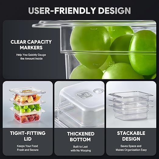 Wilprep 6 Pack Plastic Food Pans with Lids, 1/6 Size 2.5 in Deep Clear Food Storage Containers, 1.1 qt Stackable Polycarbonate Commercial Hotel Pans for Fruits Vegetables Beans Corns, NSF Listed