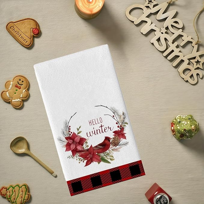 Christmas Kitchen Towels 2-Pack 18x26 Inch - Festive Red Black Plaid Dish Cloths, Absorbent Xmas Tea Towels for Holiday Decor & Gifts