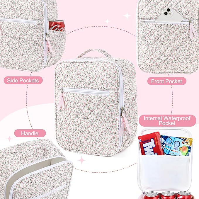 Aileam Lunch Box Lunch Bag for Women Cute Girls Insulated Womens Lunch Bag For Work Quilted Large Capacity Reusable Insulated Cooler for Work School Picnic Travel Pink Little Floral