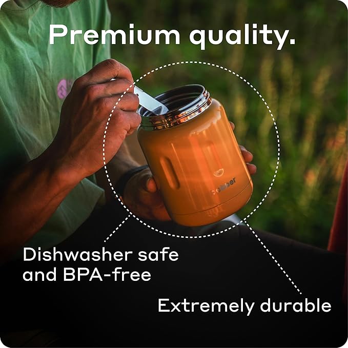 BOBBER 24 oz Insulated Stainless Steel Food Jar with Extra-Wide Mouth, Built-in Spoon & Bowl - Keeps Hot for 14 Hours and Cold for 20 Hours - Leakproof Lunch Thermos for Adults (Orange)