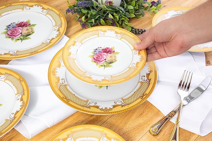 Porcelain Dinnerware Sets for 4 - White and Gold 16 Piece Set Vintage Inspired Roses Kitchen Dining Plate, Salad Plates, Soup Plate-Bowl Mugs for Every Day Dishes or Formal Occasions