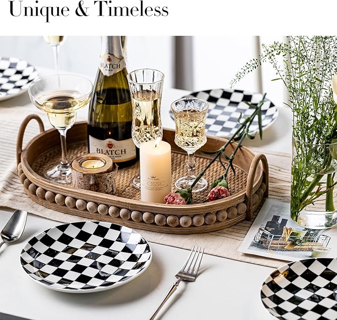 Ceramic Dinner Plates Set of 6-8 Inch Checkered Salad Plates, Microwave, Oven & Dishwasher Safe, Modern Minimalist Dessert Plates Geometric Black and White Plates for 6