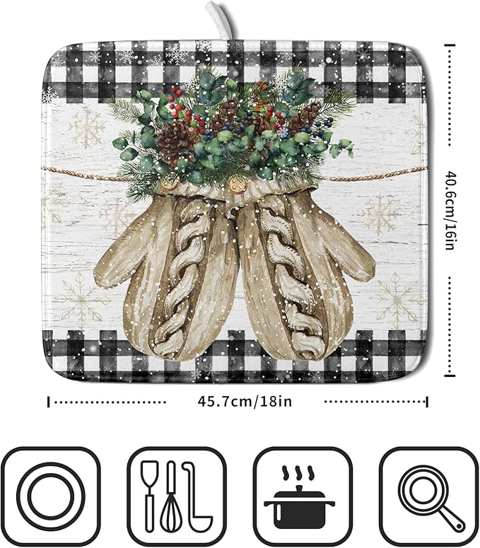 Christmas Dish Drying Mat for Counter 16'' X 18'', Black Buffalo Plaid Snowflake Gloves Dish Drainer Mats Medium Absorbent Fast Dry Microfiber Rack Pads Kitchen Accessories
