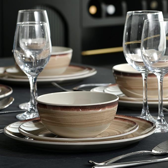 Melamine Dinnerware Sets, Dinnerware Sets for 4, 12Pcs Plates And Bowls Sets, Lightweight and Unbreakable Dish Set for Camping, Picnic,RV, Dishwasher Safe,BPA Free（Brown）