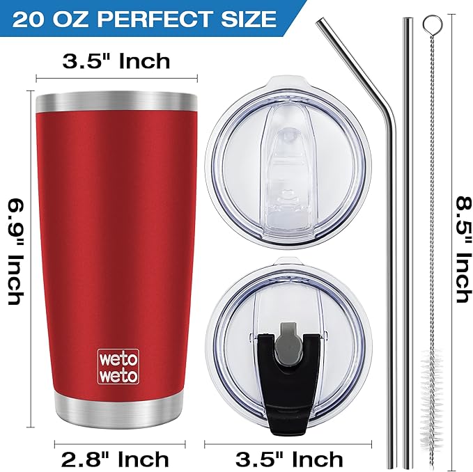 WETOWETO 20oz Tumbler with 2 lids and 2 straws, Stainless Steel Vacuum Insulated Water Coffee Tumbler Cup, Double Wall Powder Coated Leak-proof Travel Mug (Red, 1 Pack)