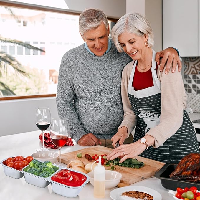 Stainless Steel Snack Box Containers, Reusable 3 Compartment Condiment Box with Lids, Food Container Sauce Cups, Divided Food Storage Containers for Home and Travel (Clear Lid)