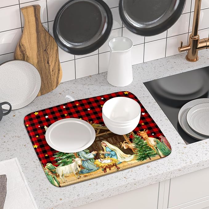 Christmas Dish Drying Mats for Kitchen Counter Xmas Nativity Scene Red Black Buffalo Plaid Absorbent Microfiber Dishes Mat Drying Pad with Loop for Home Countertops,16 x 18 Inches