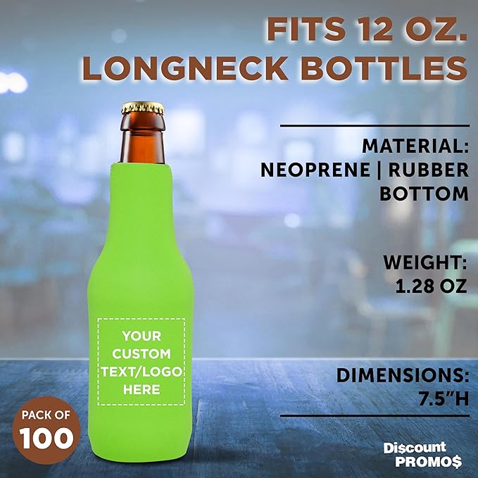 100 Neoprene Zippered Beer Bottle Coolies Pack - Customizable Text, Logo - Sharkskin Rubber Bottom - Lime Green