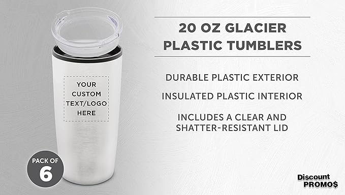 Custom Plastic Tumblers 20 oz. Set of 6, Personalized Bulk Pack - With lids, Ice Coffee Tumbler, To Go Cup, Insulated - Silver