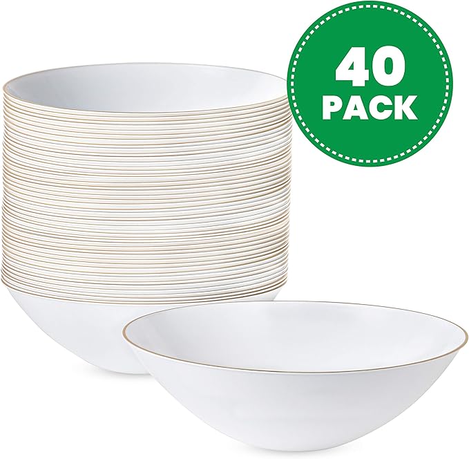 PLASTICPRO [16 OZ 40 Count] White Plastic Floral Design Party Soup bowls With Gold Rim Premium heavyweight Elegant Disposable Tableware Dishes