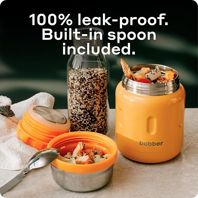 BOBBER 16 oz Insulated Stainless Steel Food Jar with Extra-Wide Mouth, Built-in Spoon & Bowl - Keeps Hot for 10 Hours and Cold for 15 Hours - Leakproof Lunch Thermos for Adults (Orange)