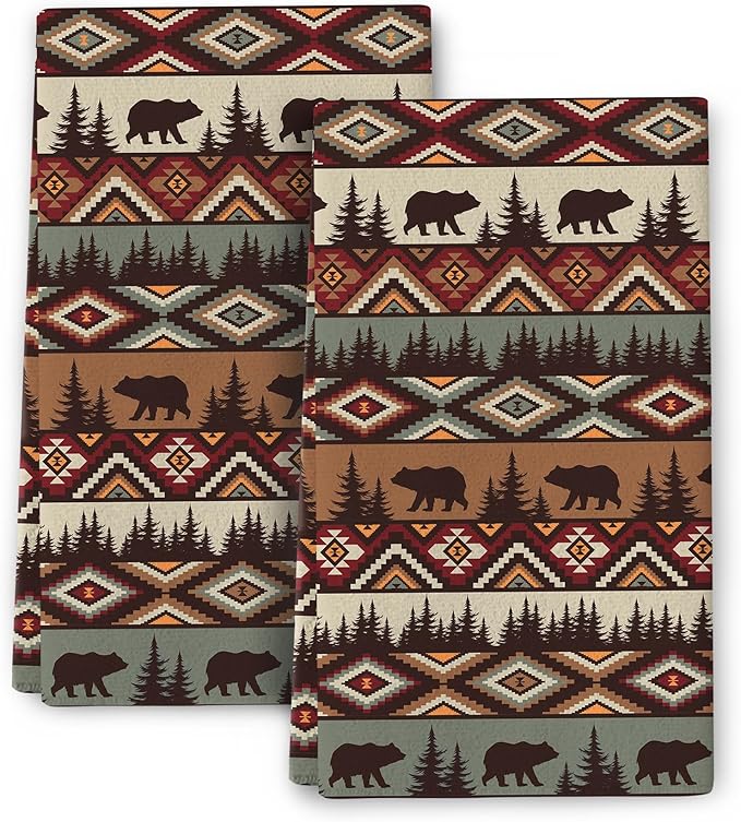 Vintage Rustic Dish Towels for Kitchen Drying Set of 2, Soft Absorbent Bear Mountain Kitchen Towels Tea Towels, Country Cabin Themed Hand Towels for Farmhouse Home Decorations 16x24 Inch