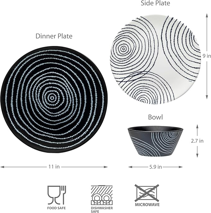 bzyoo 12 Piece Melamine Dinnerware Set - Durable, Dishwasher Safe Black Plates and Bowls - Dining, Parties, Camping Dish Set Black Planet Collection