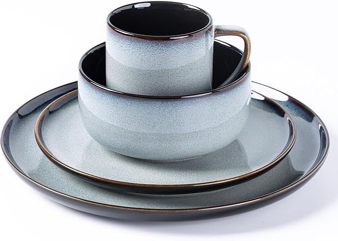 LERATIO Ceramic Dinnerware Sets for 4,16-PieceReactive Glaze Plates and Bowls Set with Mugs,Highly Chip and Crack Resistant | Dishwasher,Microwave & Oven Safe Dishes set-Gray White