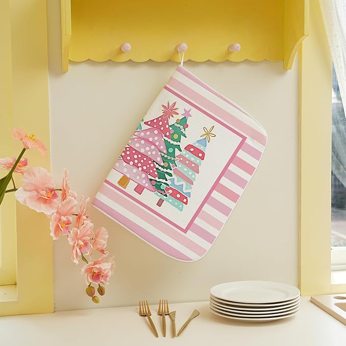 Christmas Dish Drying Mats 18x24 Inch Stripes Watercolor Pink Christmas Trees Star Drying Mats Xmas Winter Holiday Kitchen Decor Absorbent Drying Dish Pad for Kitchen Dining Room Counter