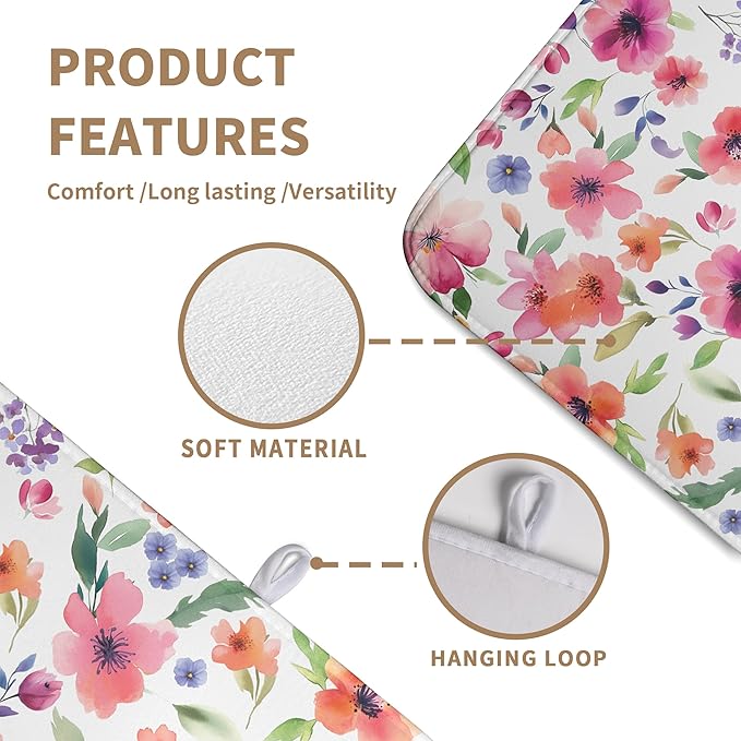 Spring Floral Dish Drying Mat Flowers Summer Kitchen Mat Dish Drying Pad Absorbent Dish Dryer Mat for Kitchen Countertops Microfiber Dishes Drainer Pad Dish Drying Rack Mat (18x24 in)