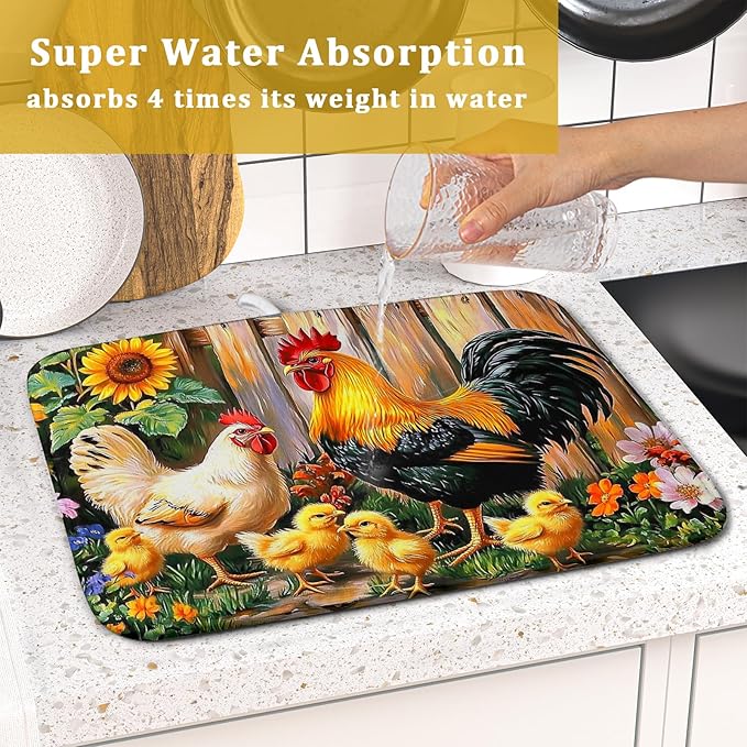Rooster Dish Drying Mats 16x18 Inch,Farmhouse Chickens Sunflower Rustic Wooden Fence Microfiber Absorbent Draining Racks Sink Drainer Pad for Kitchen Coffee Maker Counter Decor