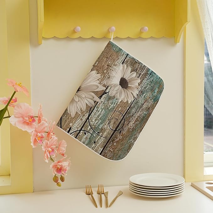 Rustic Daisy Dish Drying Mats 18x24 Inch Vintage Sunflowers on Wooden Board Drying Mats Seasonal Outdoor Farmhouse Decor Coffee Bar Mat Fast Drying for Kitchen Dining Room Decorative