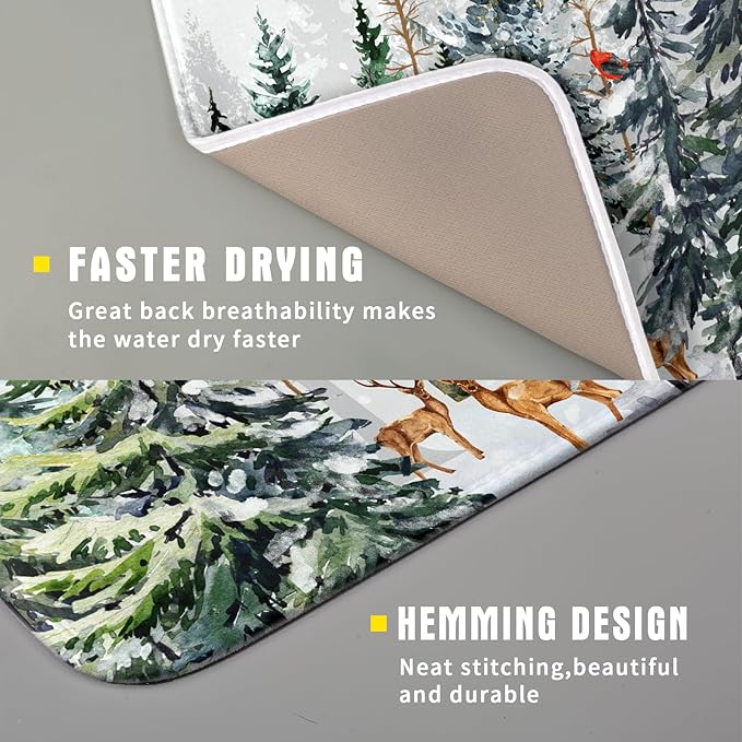 Pine Tree Dish Drying Mat for Kitchen Counter 16x18 Inch Forest Deer Absorbent Dishes Drainer Mats Reversible Microfiber Quick Dry Rack Pad