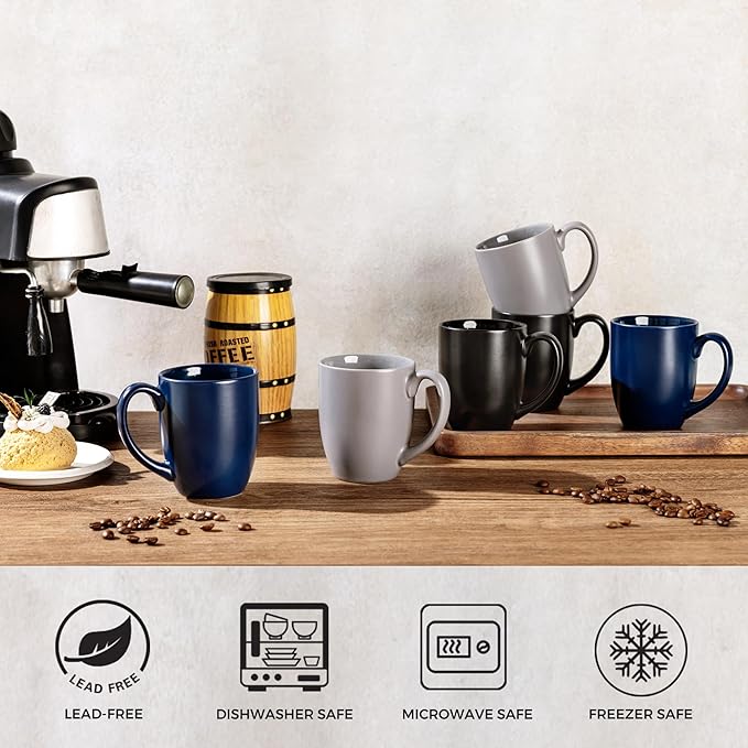 AmorArc 12oz Coffee Mugs Set of 6, Large Coffee Mugs for Men Women Dad Mom, Ceramic Coffee Cups with Large Handle for Tea/Latte/Cappuccino/Cocoa. Dishwasher&Microwave Safe, Matte Black