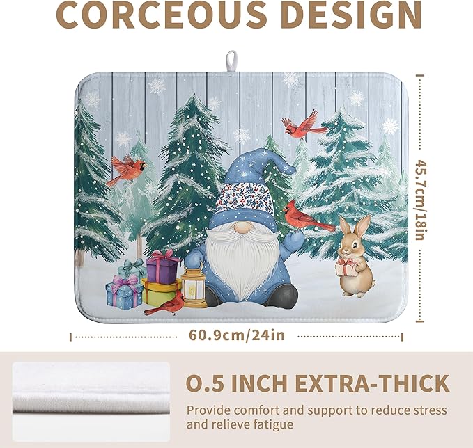 Winter Gnome Dish Drying Mat Christmas Tree Snowman Large Kitchen Mats Dish Drying Pad Bird Absorbent Dish Dryer Mat for Kitchen Countertops Microfiber Drainer Pad Dish Drying Mats (18x24 in)