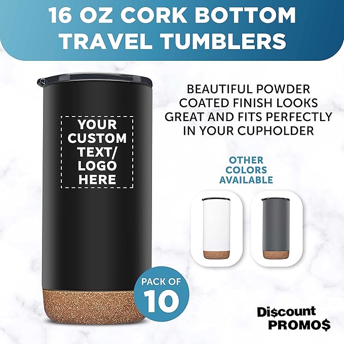 Custom Travel Tumblers with Cork Bottom 16 oz. Set of 10, Personalized Bulk Pack - Double Wall Insulated, Matte Finish, Perfect for Iced Coffee, Soda, Other Beverages - Black