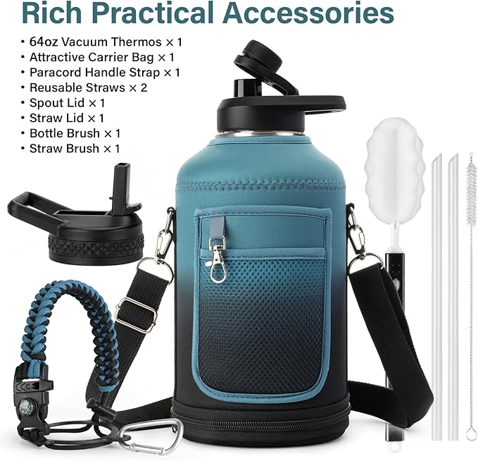 64 oz Insulated Water Bottle | Upgraded Thickened Stainless Steel Water Jug for Gym and Hiking with Straw, Carrier Bag, Handle Strap | BPA-Free 64 oz