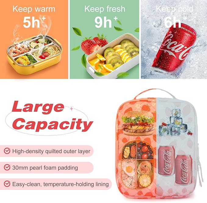 Aileam Lunch Box for Women Cute Strawberry Lunch Bag Quilted Reusable Insulated Lunch Box Aesthetic Lunch Tote Bags Floral Cotton Lunch Case for Travel Work Picnic (Pink Strawberry Flower)