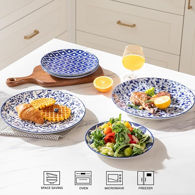 Sweejar Ceramic Dinner Plates Set, 8 Inch Porcelain Dessert Plates, Microwave & Dishwasher Safe Cake Plate for Salad, Pasta, Meat Steak, Set of 6(Vintage Blue)