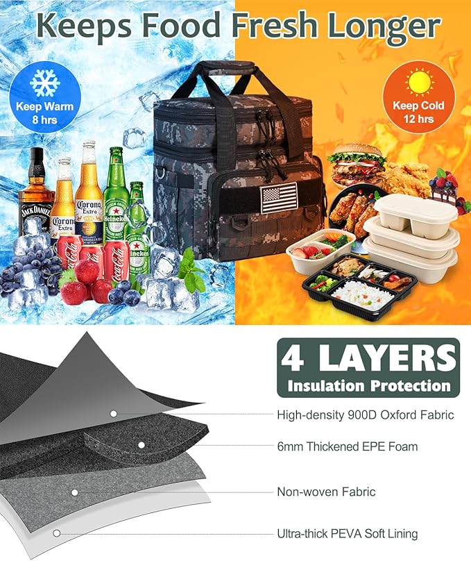 Tactical Lunch Box for Men, Expandable Large Insulated Lunch Bag for Adult, Heavy Duty Double Deck Lunch Cooler Bag with Shoulder Strap, Leakproof Soft Lunch Pail with American Flag - Green Camo