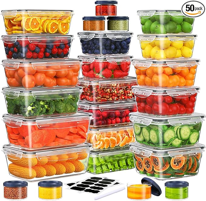 50 PCS Food Storage Containers Set, Plastic Food Containers for Pantry Kitchen Storage and Organization, Microwave and Dishwasher Safe, Leakproof & BPA-Free with Labels Pen(25 Containers & 25 Lids)