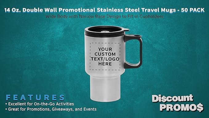Personalized 14oz Travel Mugs Stainless Steel - 50 Pack - Custom Text, Logo - Stainless Steel